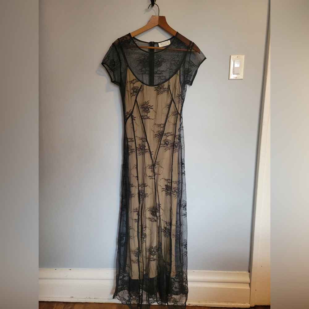 Long Vintage slip dress with Sheer Black lace